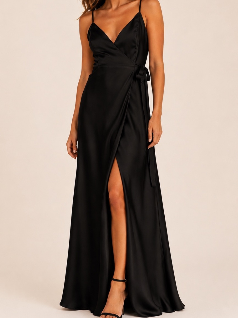 Birdy Grey | Cindy Black Matte Satin Wrap Floor Length Gown Size Large